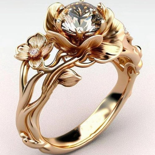 Exotic White Crystal Gold Flower Ring
