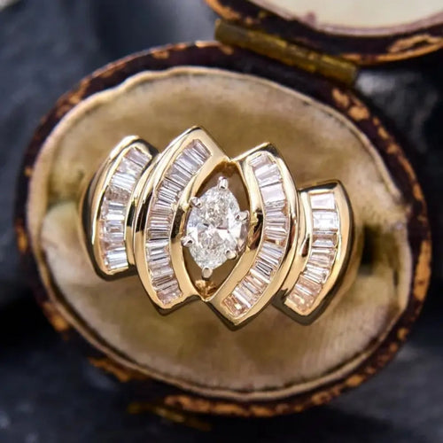 Golden Inlaid Oval Glass & Zirconia Ring