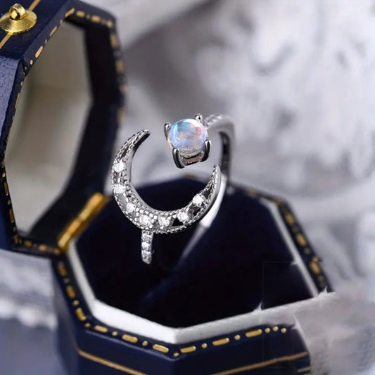 White Moonstone Moon Ring