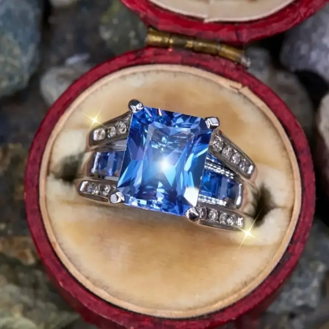 Blue Cubic Glass Silver Ring