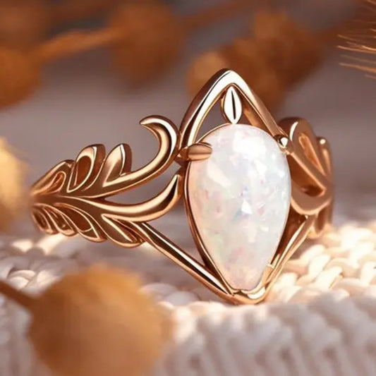 White Opal Drop Golden Ring