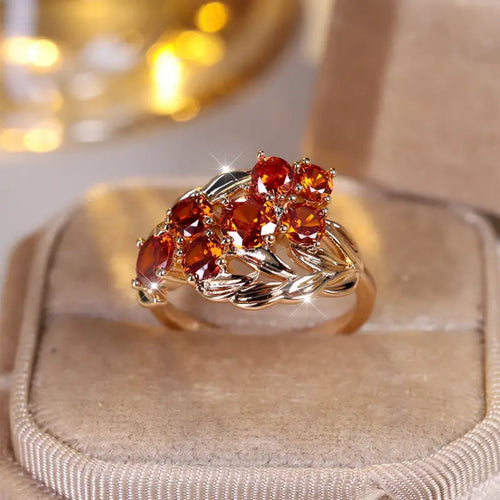 Orange Fall Leaf Crystal Gold Ring