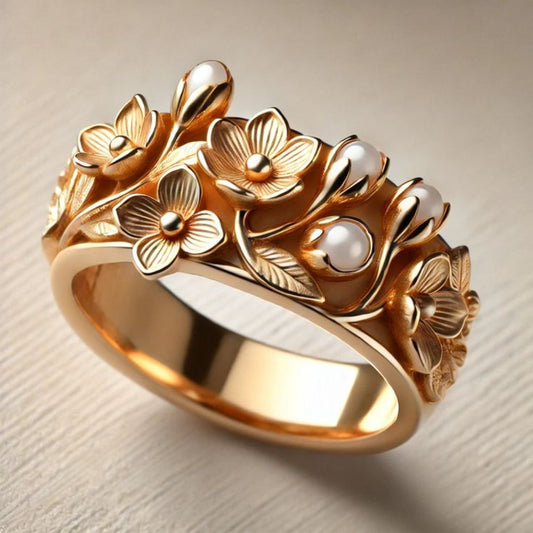 Exotic Floral & Pearl Golden Ring