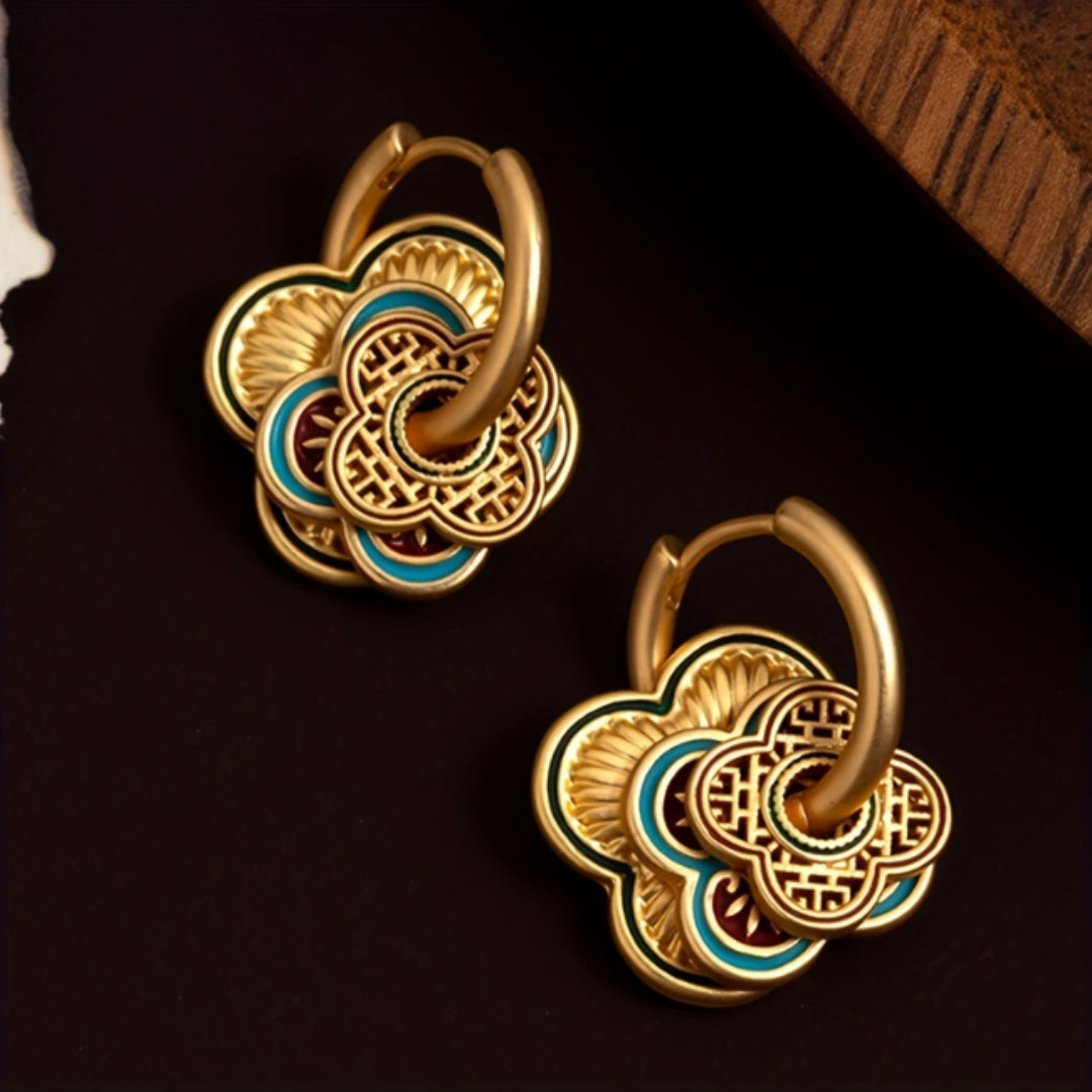 Blue Enamel Mandala Hoop Earrings