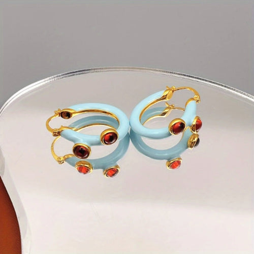 Red Crystal Blue Enamel Hoop Earrings