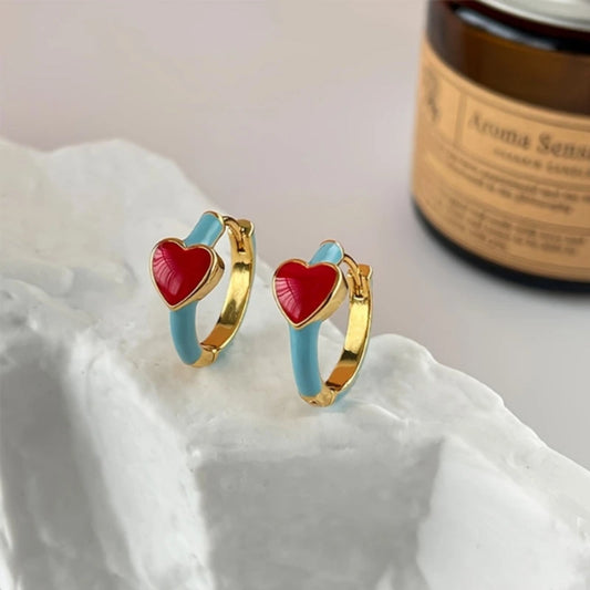 Red Heart Blue Enamel Hoop Earrings