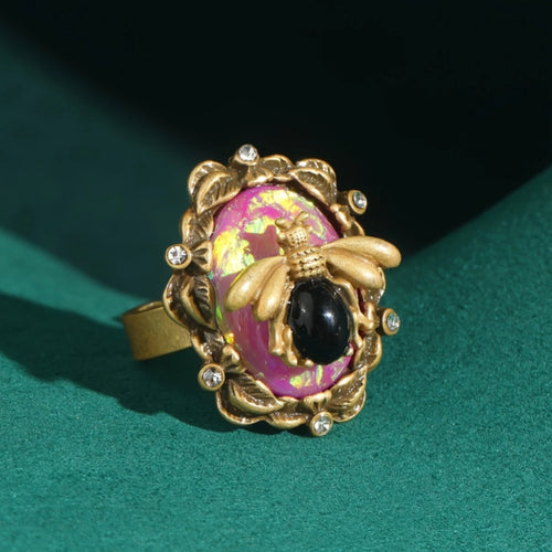 Rose Black Stone Bee Ring