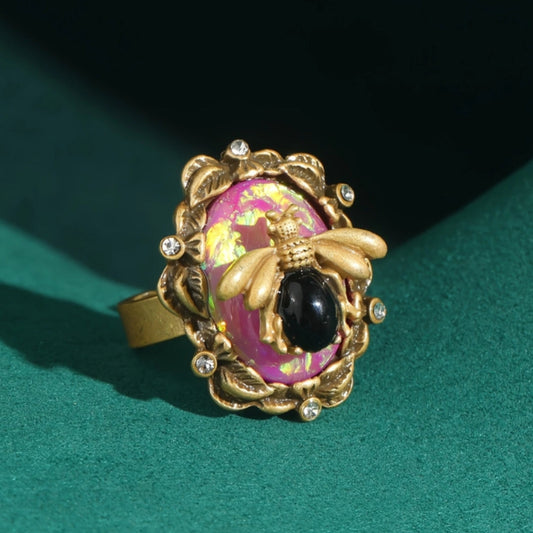 Rose Black Stone Bee Ring