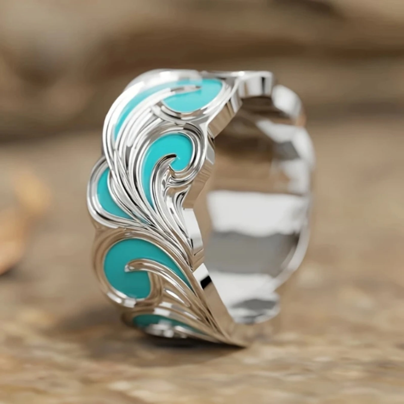Blue Enamel Wave Silver Ring