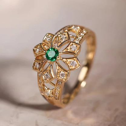 Green Flower Hollow Gold Ring