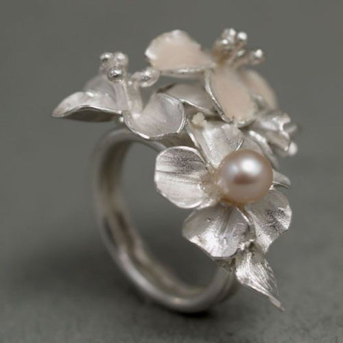 Silver Flower Pearl Ring