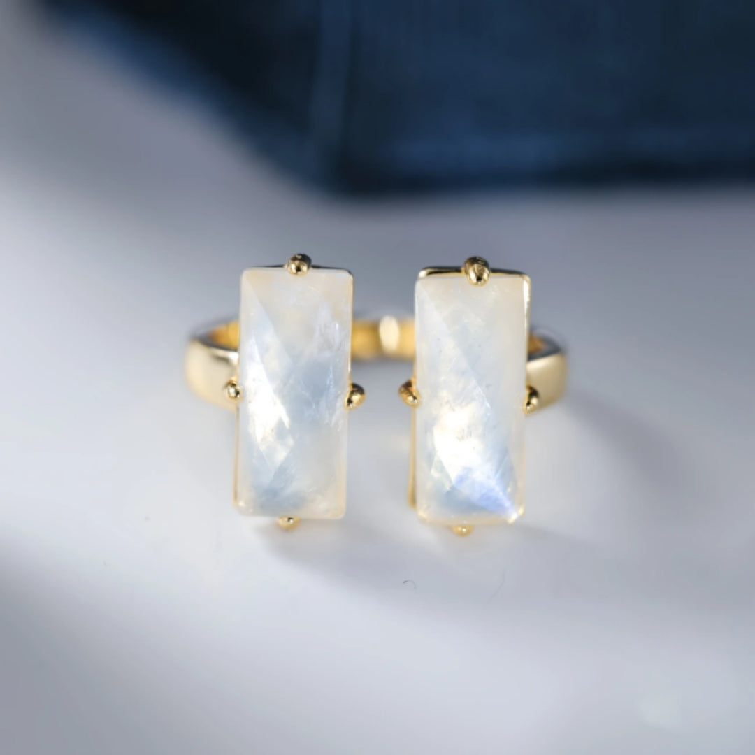 Adjustable Rectangular White Stone Gold Ring