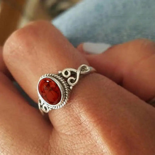 Red Rounded Inlaid Stone Silvered Ring