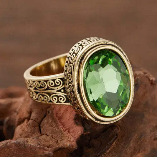 Green Rounded Olive Gold Ring