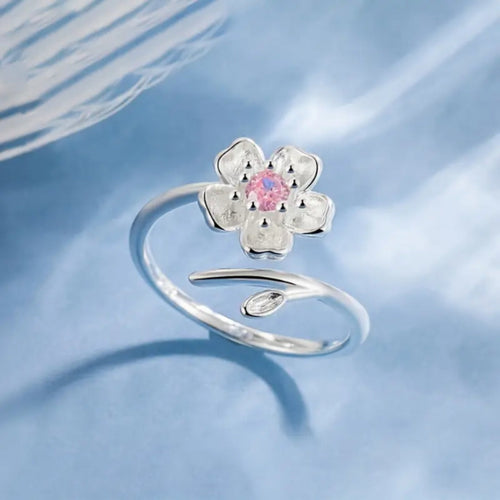 Adjustable Pink Blossom Silvered Ring