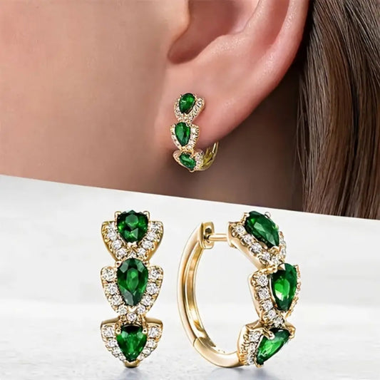 Green Crystal Gold Hoop Earrings