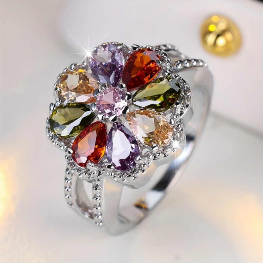 Colorful Sparkling Daisy Silver Ring