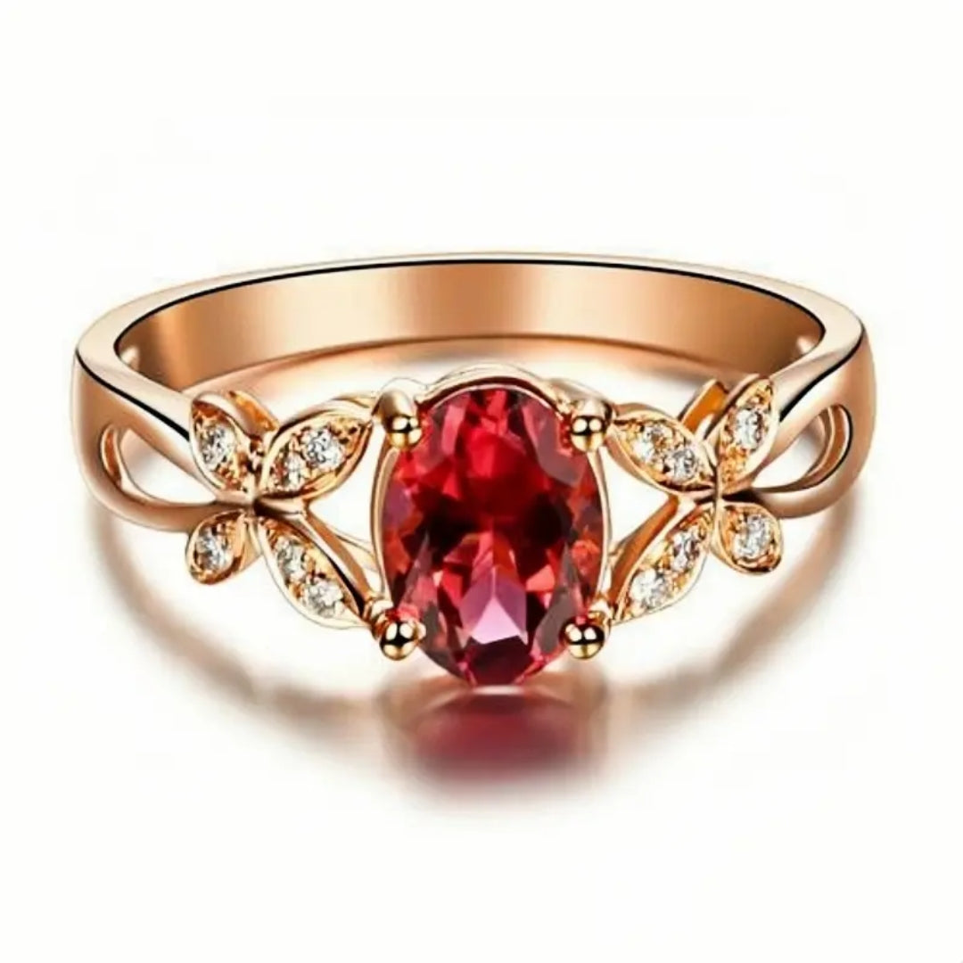 Red Oval Zirconia Butterfly Gold Ring