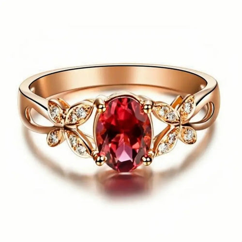 Red Oval Zirconia Butterfly Gold Ring