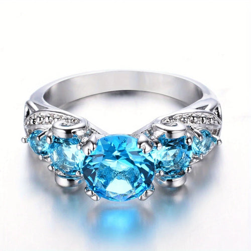 Blue Oval Crystal Silver Ring