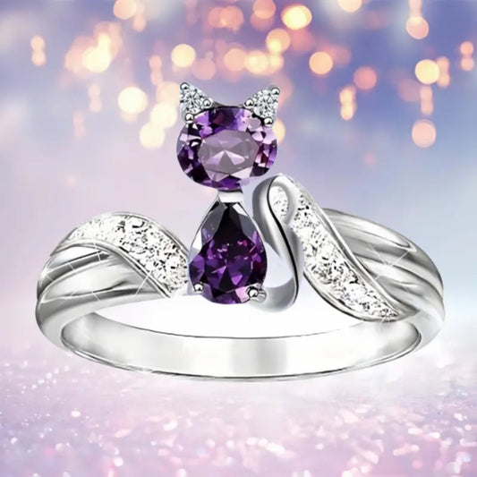 Bright Purple Kitty Silvered Ring