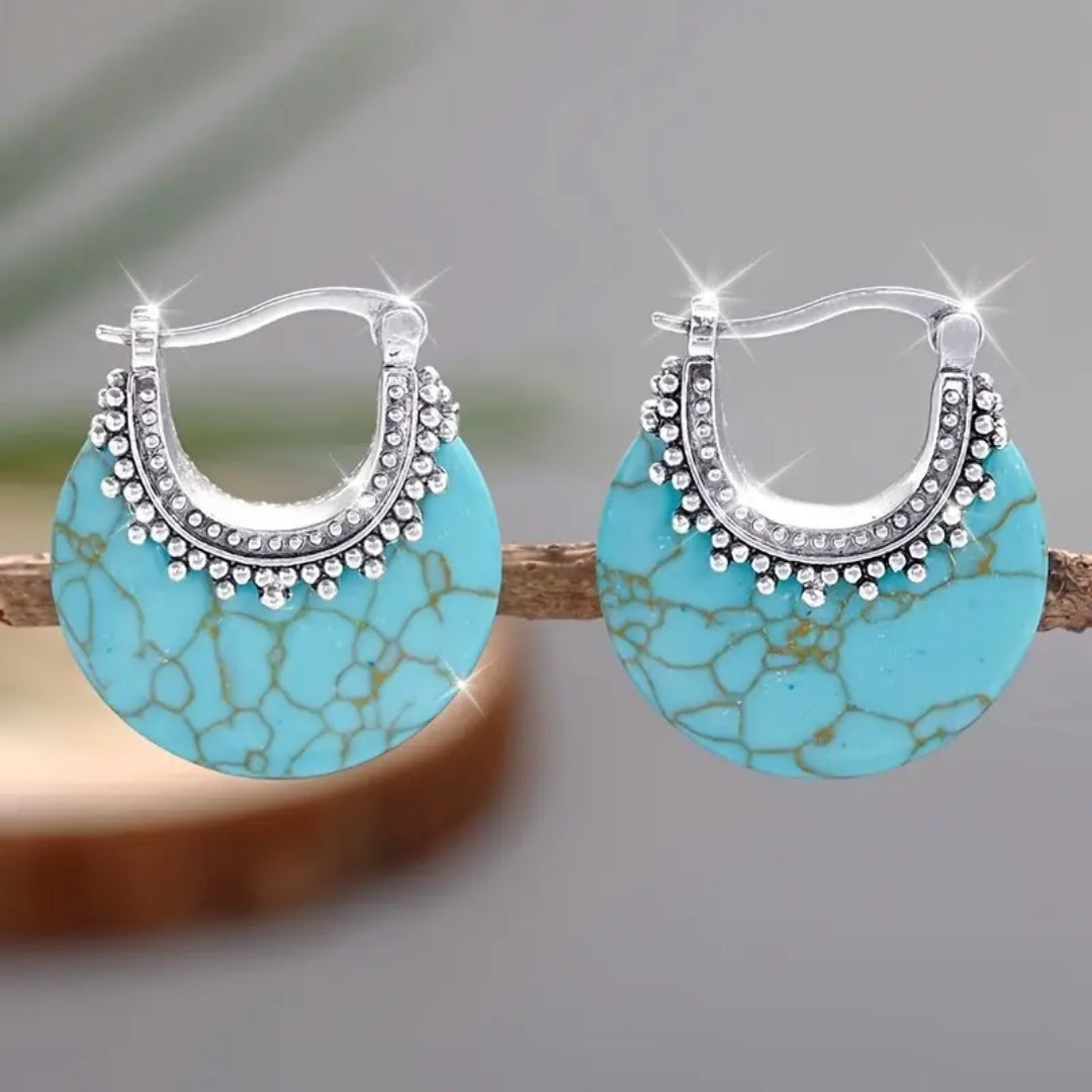 Crescent Blue Stone Hoop Earrings