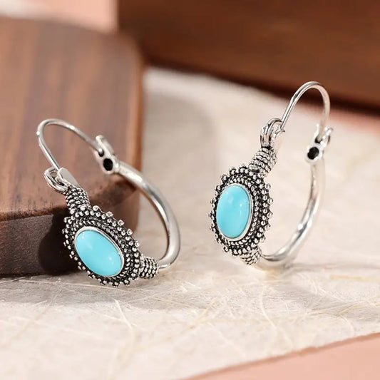 Inlaid Blue Stones Hoop Earrings