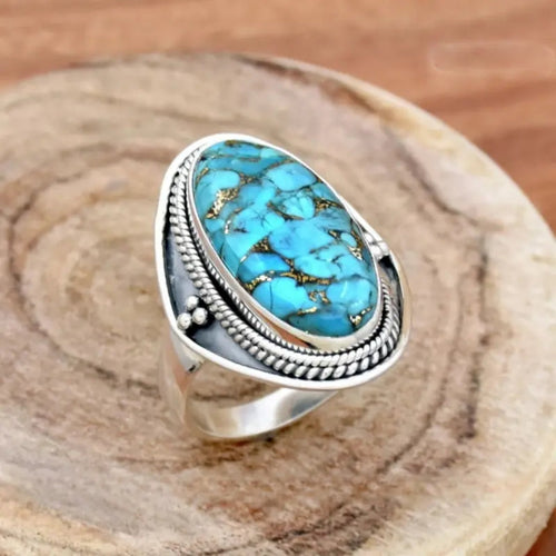 Blue Inlaid Oval Stone Silver Ring
