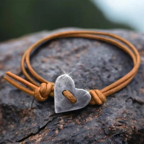 Silvered Plated Heart Leather Bracelet