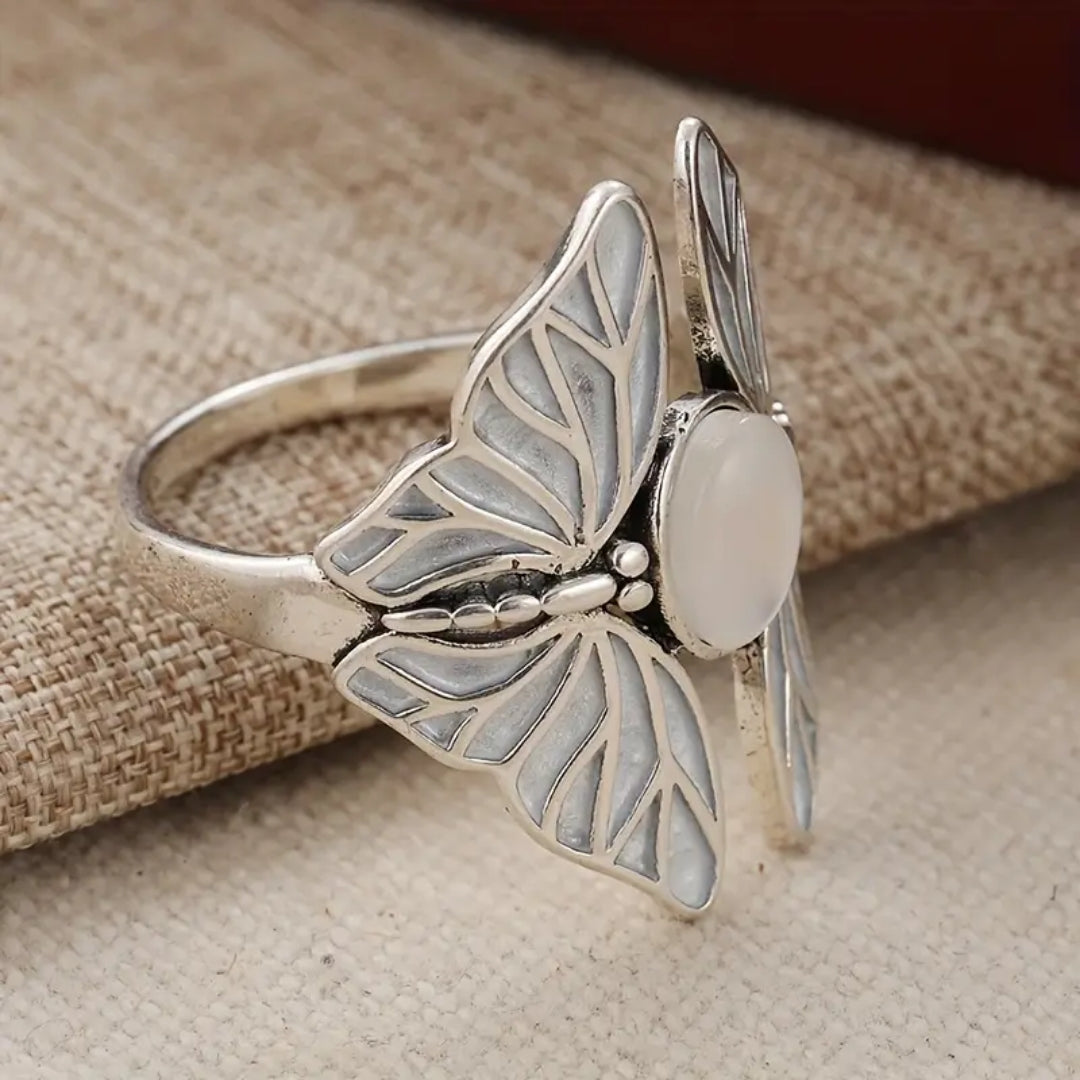 White Opal Butterfly Silver Ring
