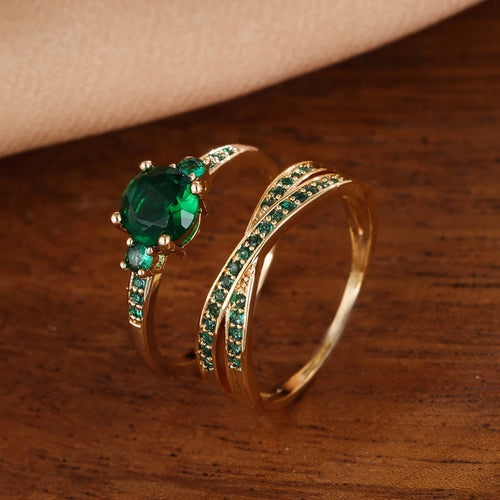 Inlaid Green Crystal Gold Ring Set