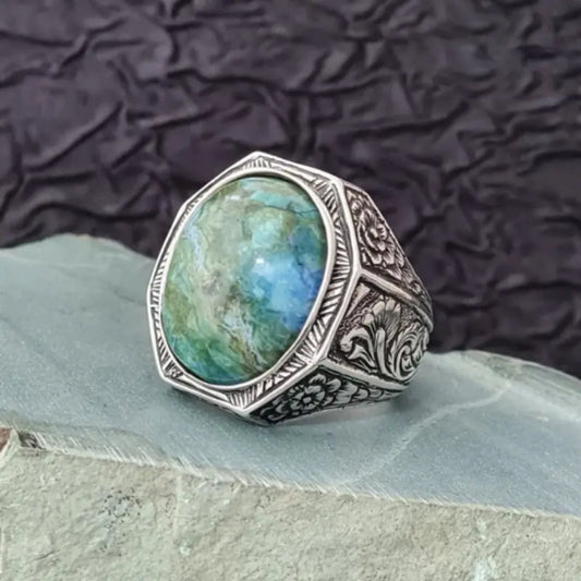 Blue Rounded Stone Silver Ring