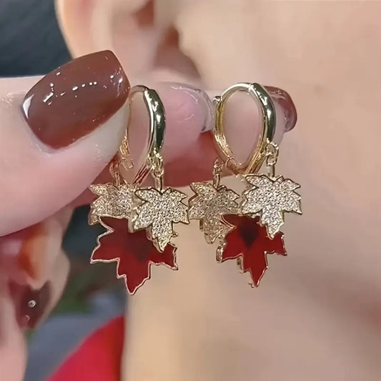 Red Bright Dangle Leaf Earrings