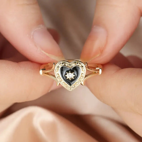 Black Enamel Heart Gold Ring
