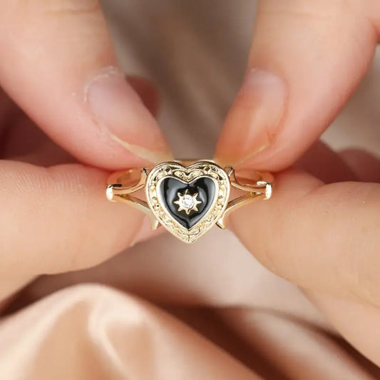 Black Enamel Heart Gold Ring