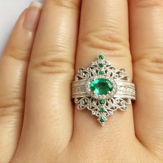 Green Zirconia Mandala Silvered Ring