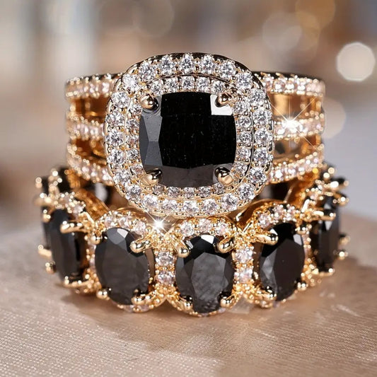 Black Zirconia Golden Ring Set