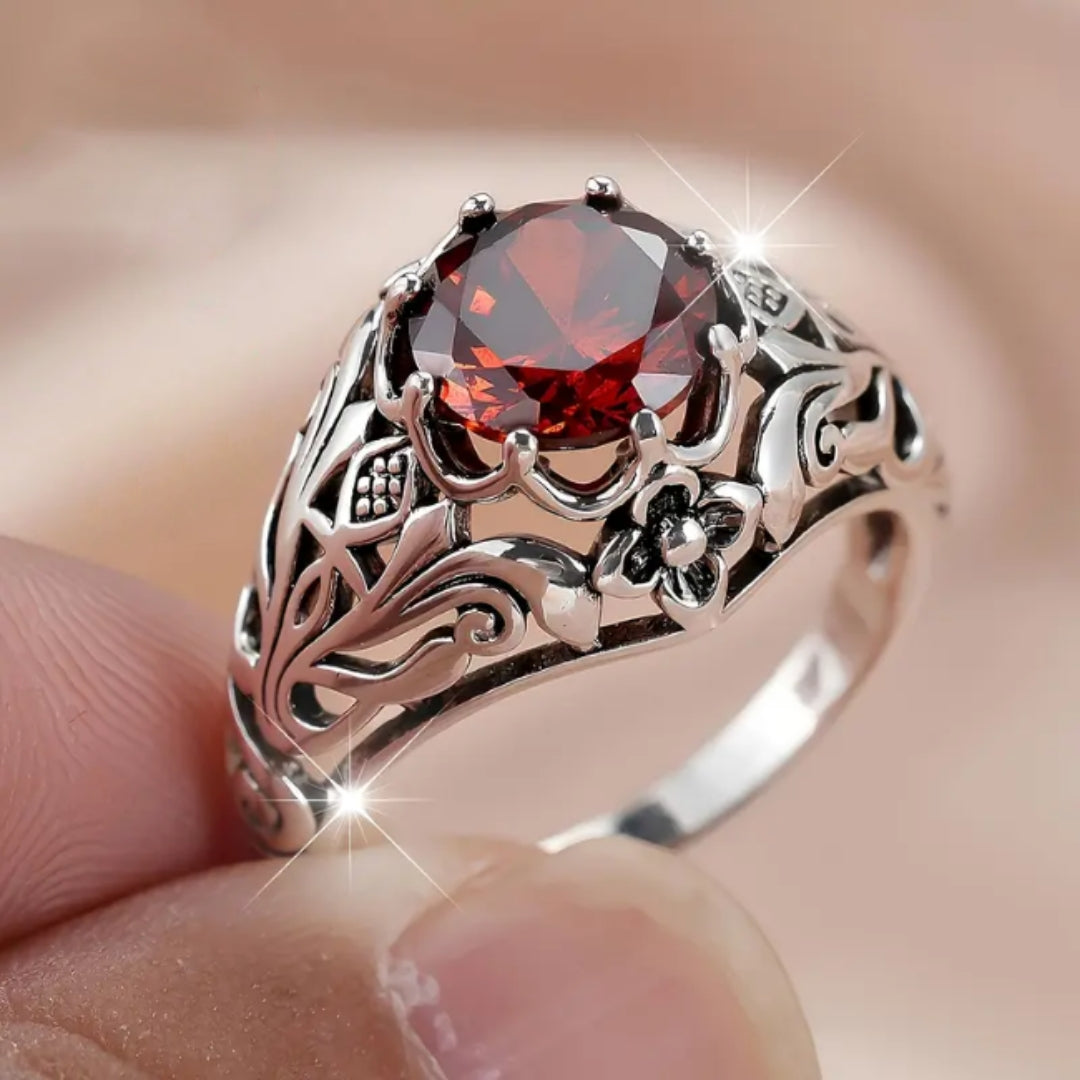 Red Zirconia Hollow Silver Ring