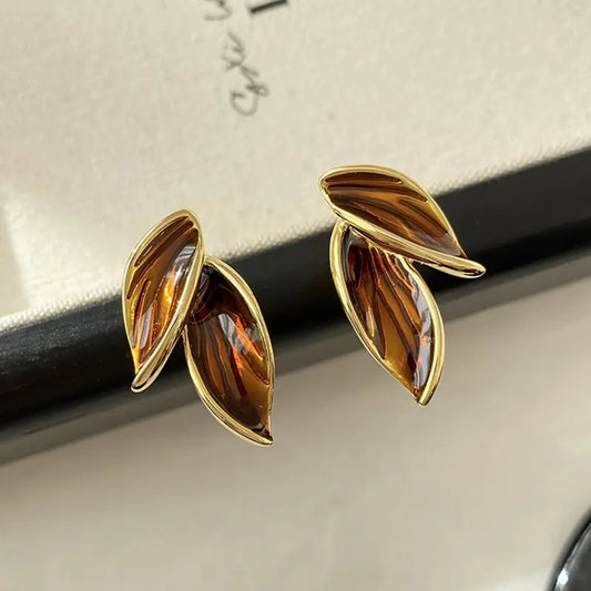 Brown Enamel Leaf Earrings