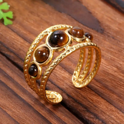 Adjustable Tiger Eye Stone Gold Ring