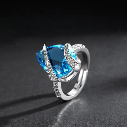 Zirconia Blue Drop Crystal Silver Ring