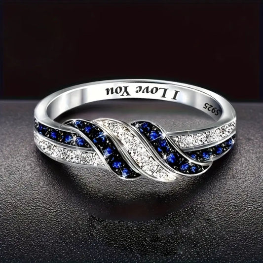 Braided Silver & Blue Zirconia Ring
