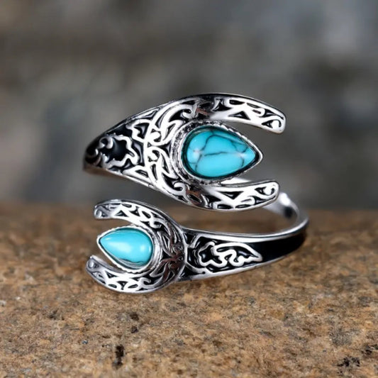 Adjustable Blue Inlaid Stone Drop Silvered Ring