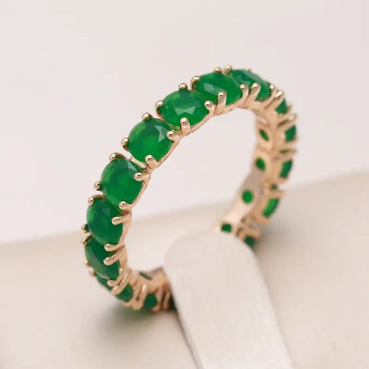 Inlaid Green Crystals Golden Ring