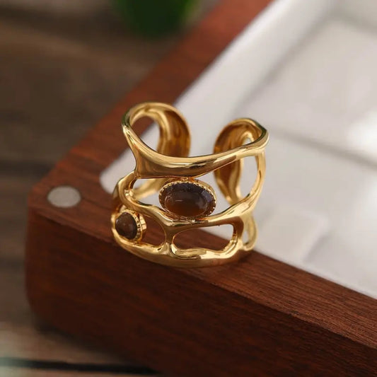 Irregular Brown Stone Gold Ring