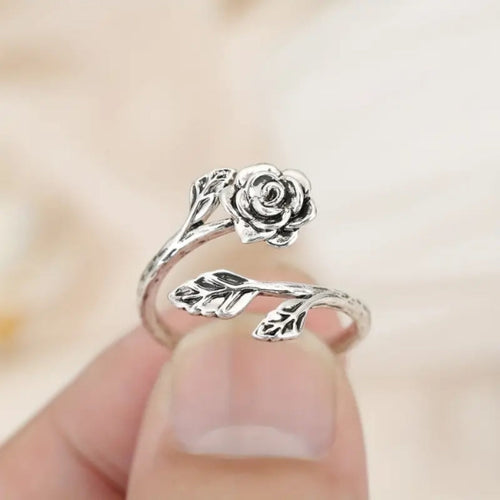 Adjustable Silver Rose Ring
