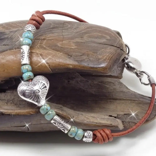Silver Heart Leather Stones Bracelet