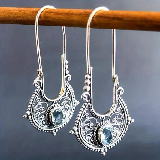 Blue Dangling Hollow Silvered Earrings