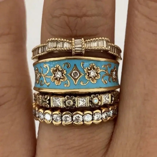 Bright Blue Enamel Zirconia Ring Set