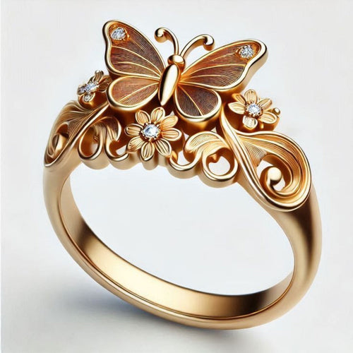 Exotic Golden Butterfly Floral Ring